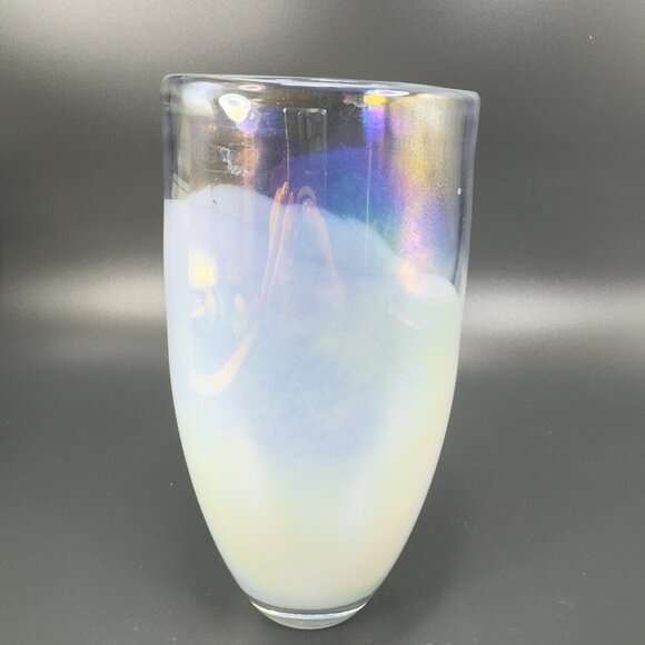 Heavy Art Glass Vase Vessel White Iridescent Finish Multicolor Glass Vase Decor - Picture 14 of 15
